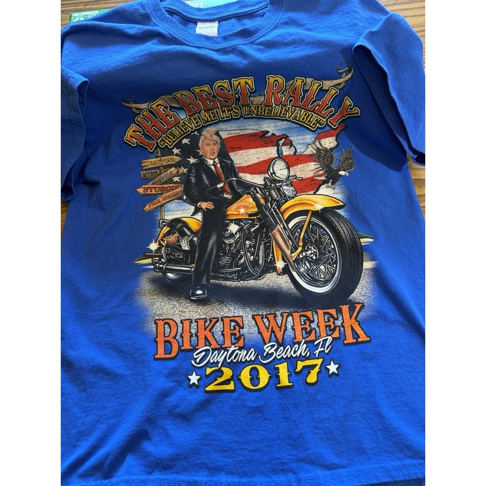 Bike Week Daytona Beach 2017 Trump Motorcycle Graphic T-Shirt Blue Mens L